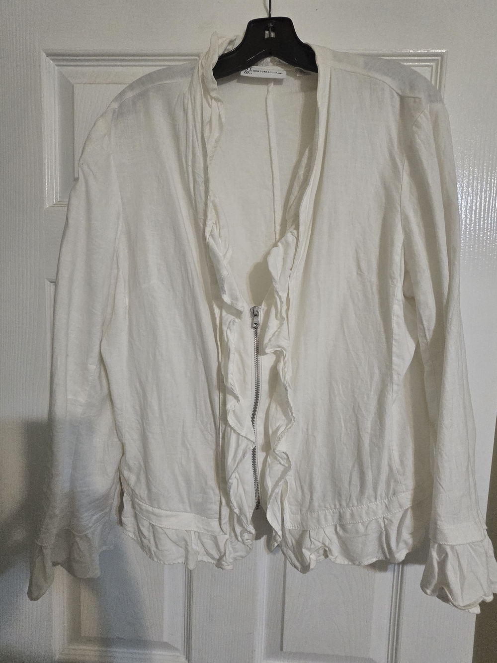 New York & Company Cream Lightweight Ruffled Zip Jacket